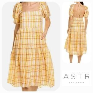 ASTR The Label Ilana Puff Sleeve Tiered Midi Dress Orange Yellow Plaid M NWOT